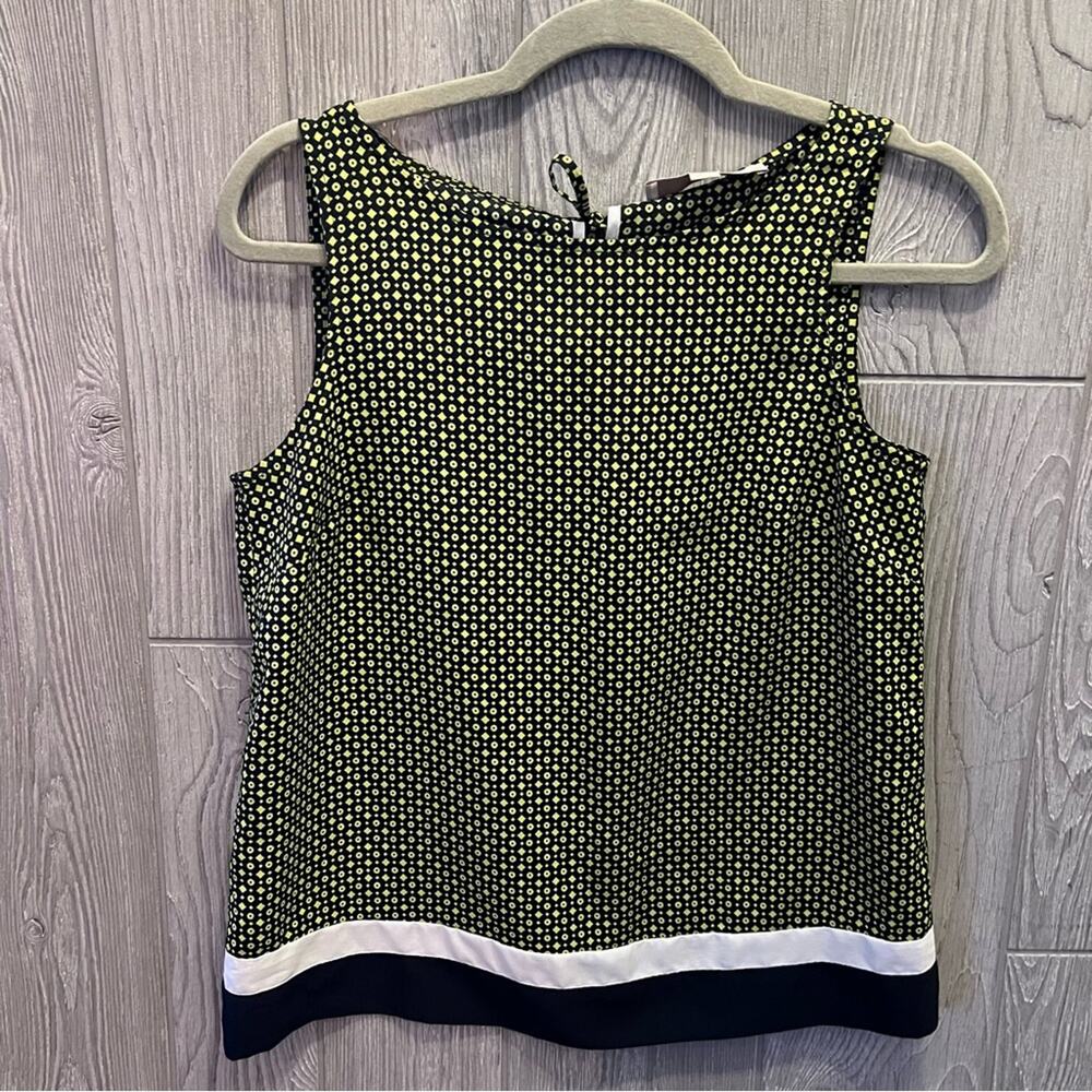 LOFT Women's Top Blouse Navy Blue Lime Green Tie Back Geometric petite